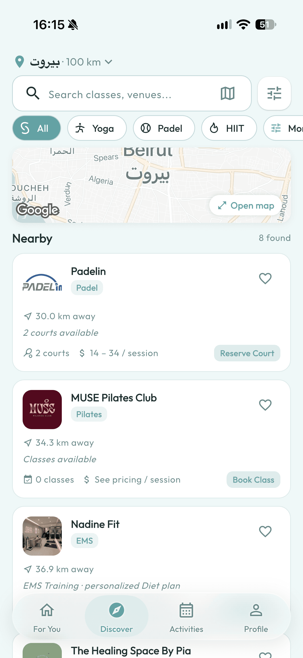 Spotness discover screen showing nearby fitness venues